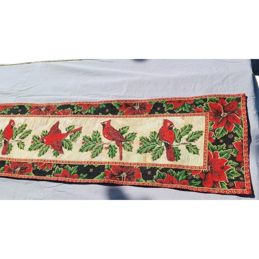 St. Nicholas Long Rectangle Runner Tapestry Christmas Poinsettia Cardinal